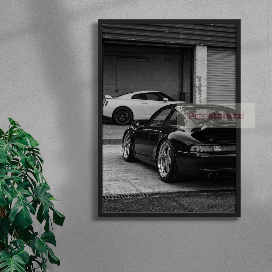Black Porsche 911 (993) and white Nissan GT-R poster in black frame