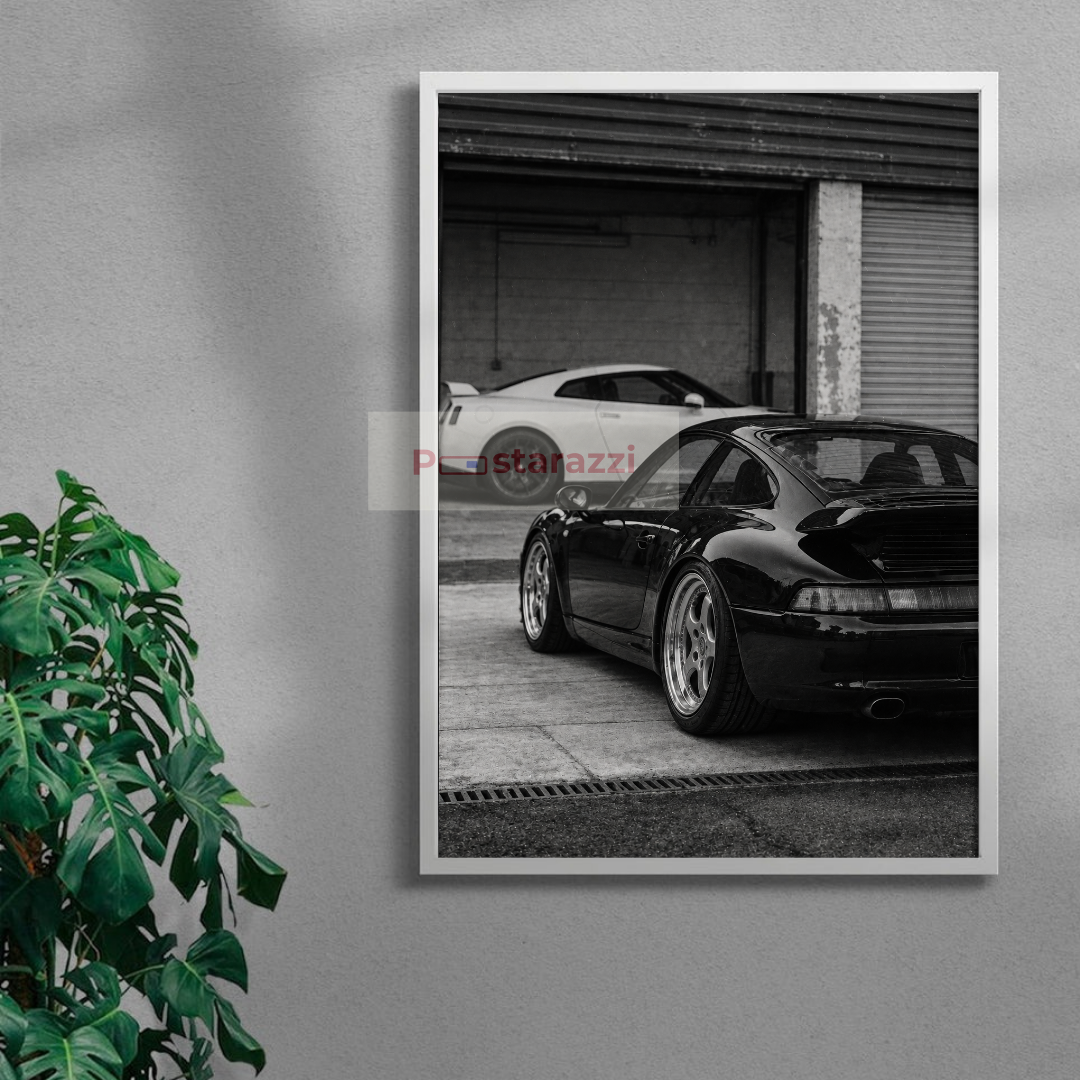 Black Porsche 911 (993) and white Nissan GT-R poster in white frame