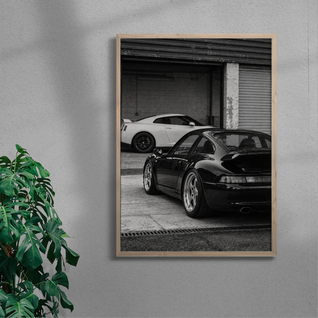 Black Porsche 911 (993) and white Nissan GT-R poster in oak frame