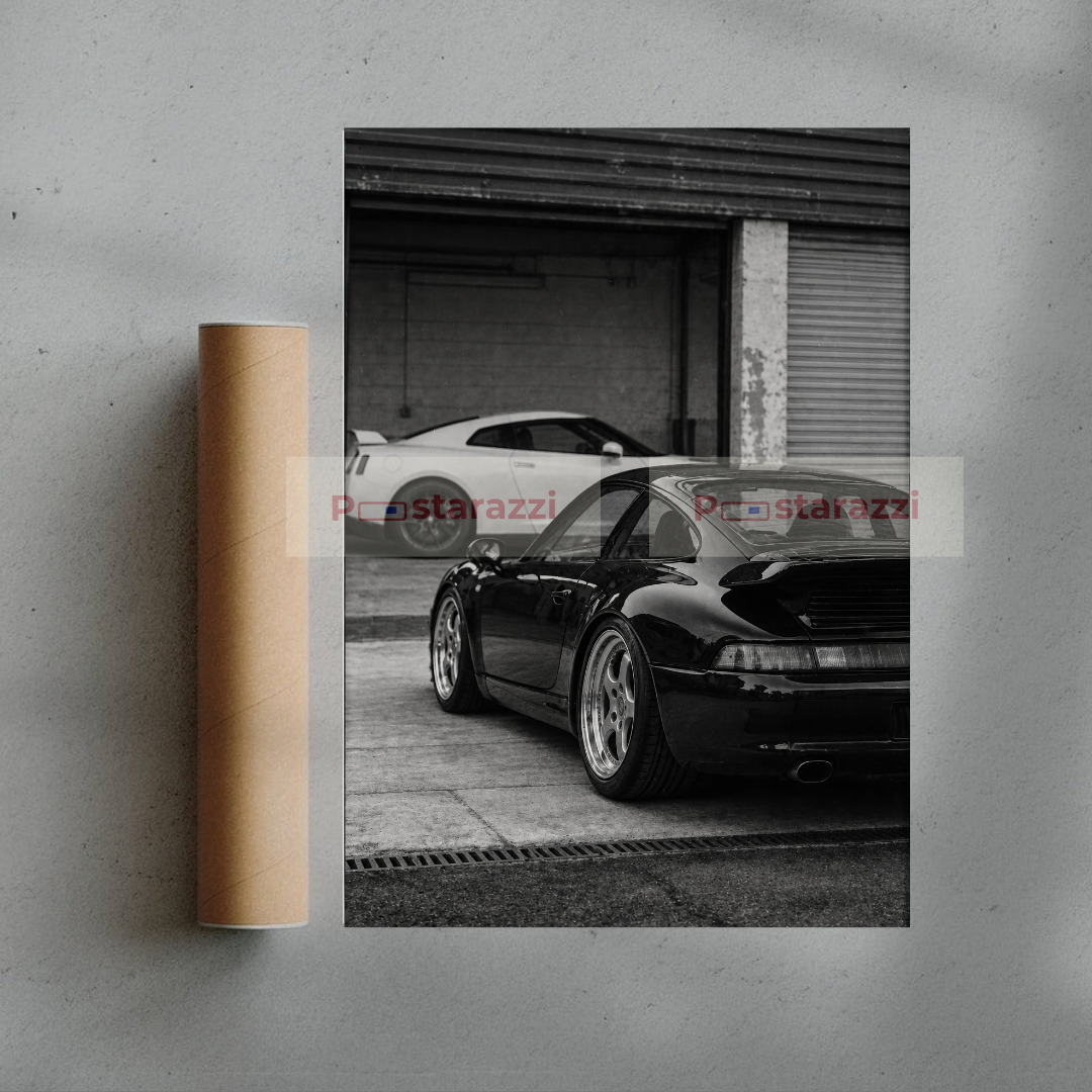 Unframed Black Porsche 911 (993) and white Nissan GT-R print