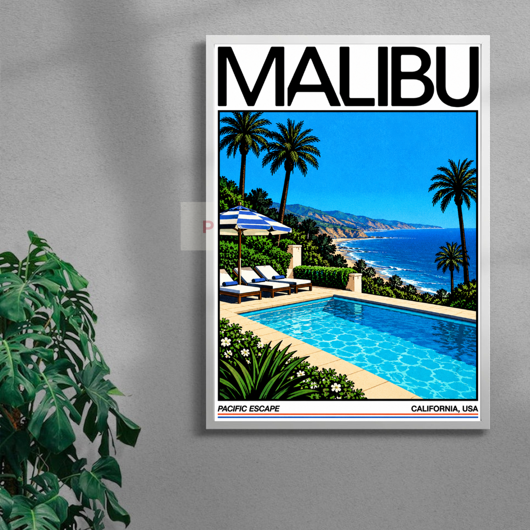 Tranh Pacific Reverie biển Malibu – mockup khung trắng