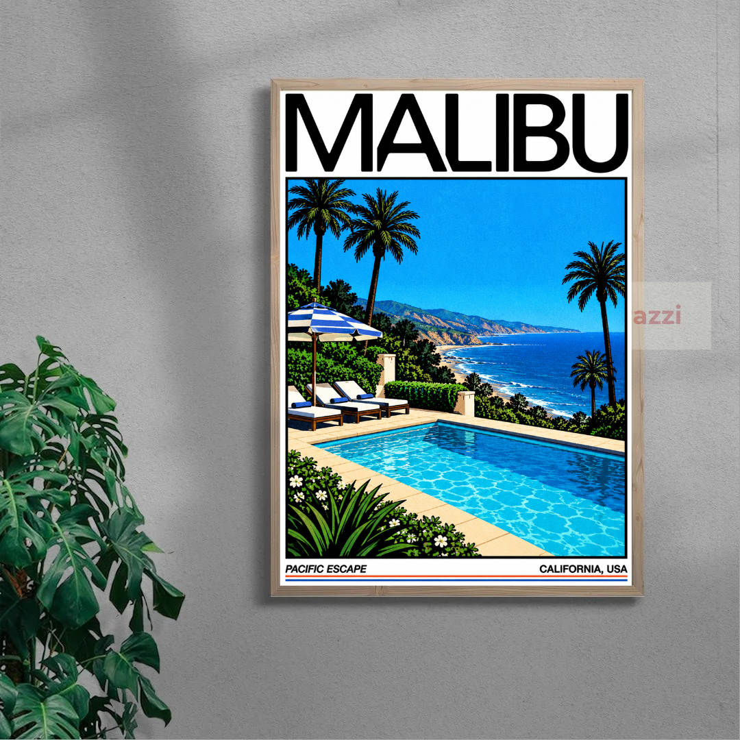 Tranh Pacific Reverie biển Malibu – mockup khung gỗ sồi